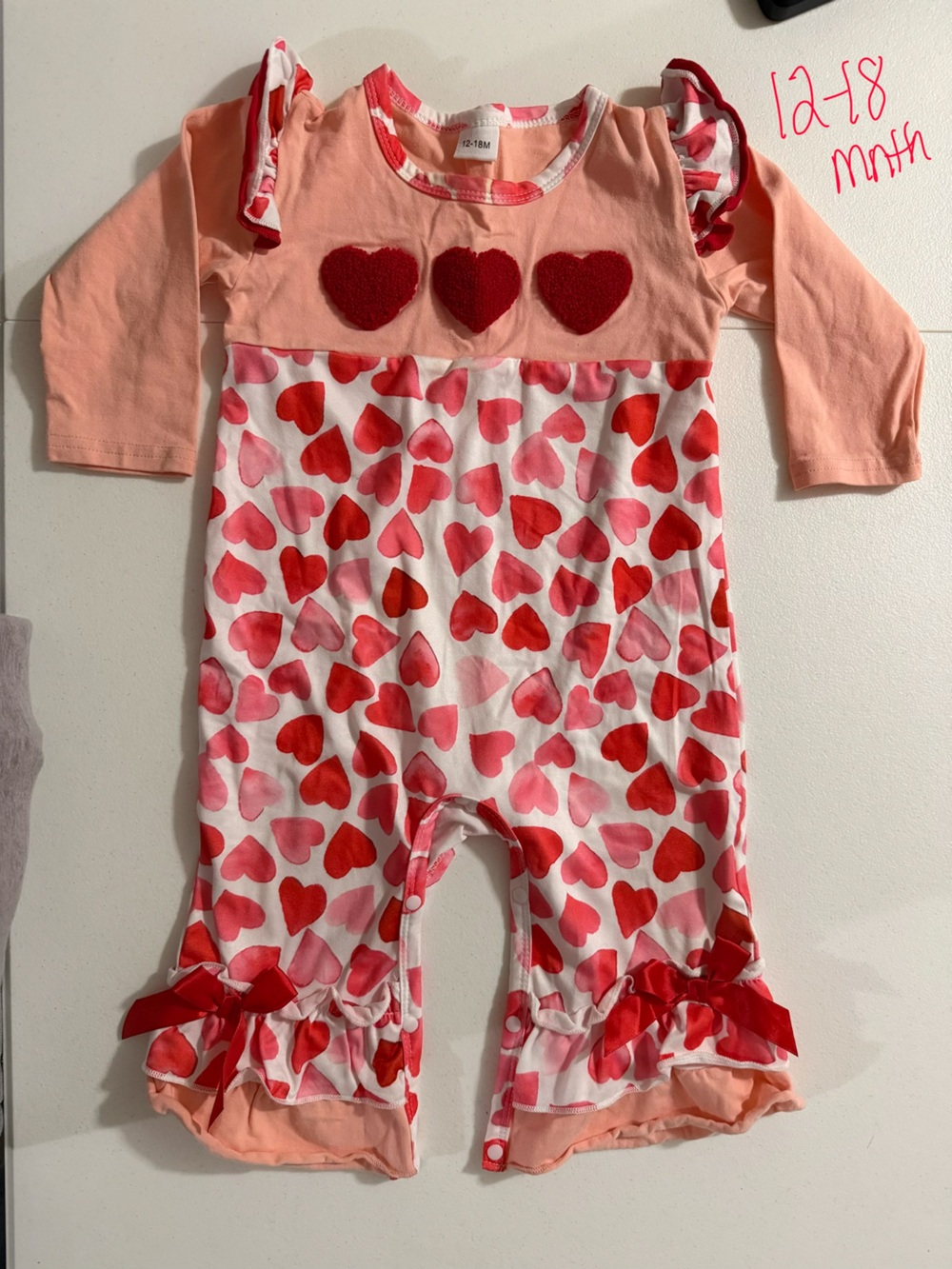 Girls Heart Print Romper in Pink & Red